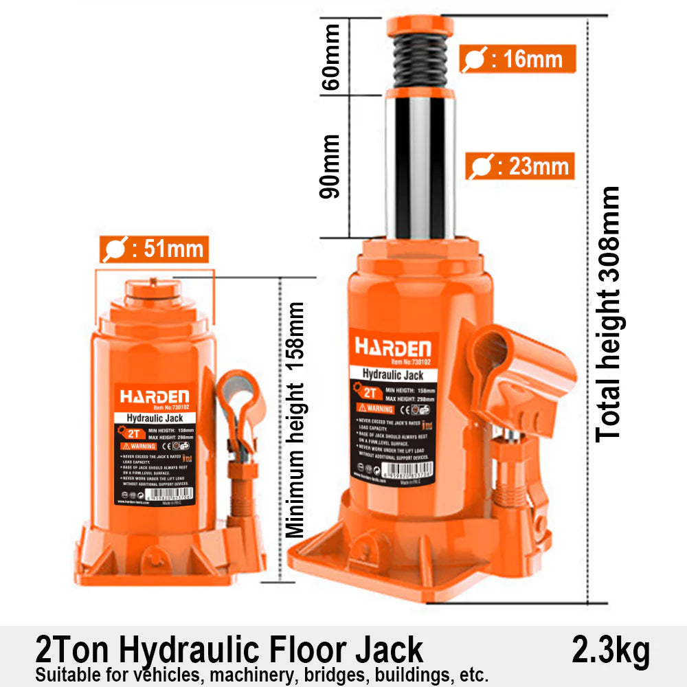 HARDEN 730102 2-Ton Compact Hydraulic Bottle Jack with Adjustable Screw Top for Sedans